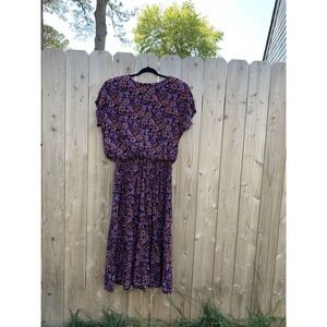 Vintage 80's Starlo Fashions Purple‎ Floral Retro Dress Size 15/16 Cottagecore